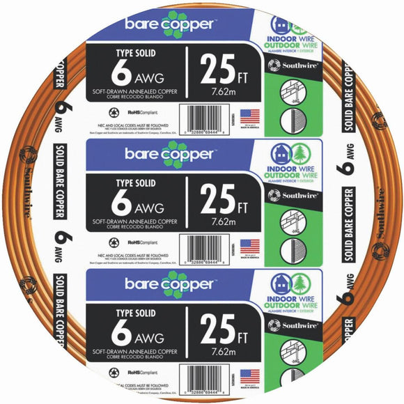 Southwire 25 Ft. 6AWG Solid Bare Ground Wire