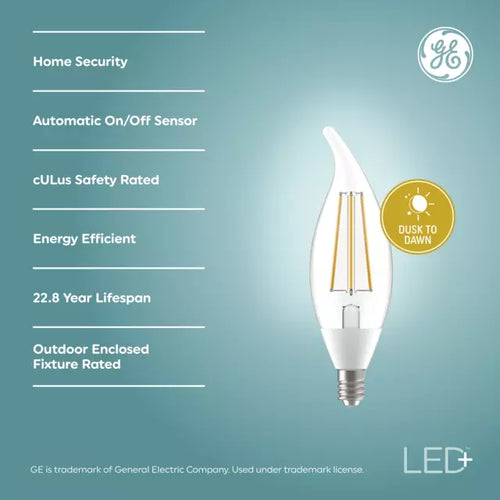 GE LED+ Dusk to Dawn Light Bulbs, Security Lights, 60 Watt Replacement, Decorative Candle Bulbs, Candelabra Small Base, Soft White