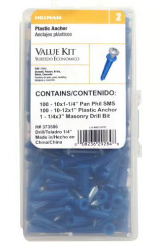 Hillman Blue Conical Plastic Anchor w/ Pan Phillips Screws Kit (#10-12 x 1) - 201 pc